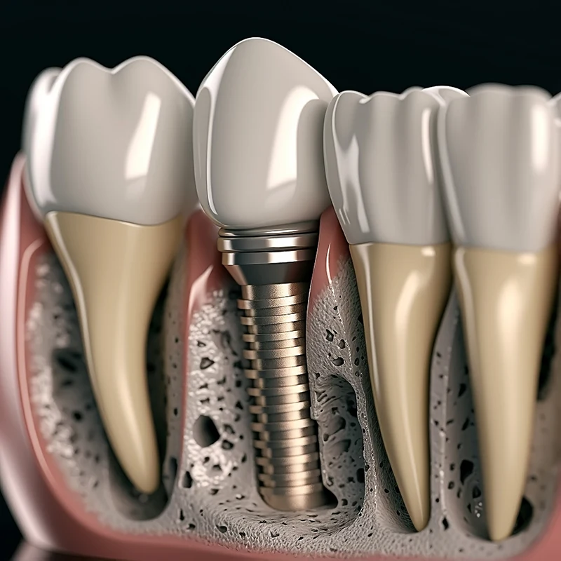 Implante dental — corona de porcelana sobre tornillo de titanio